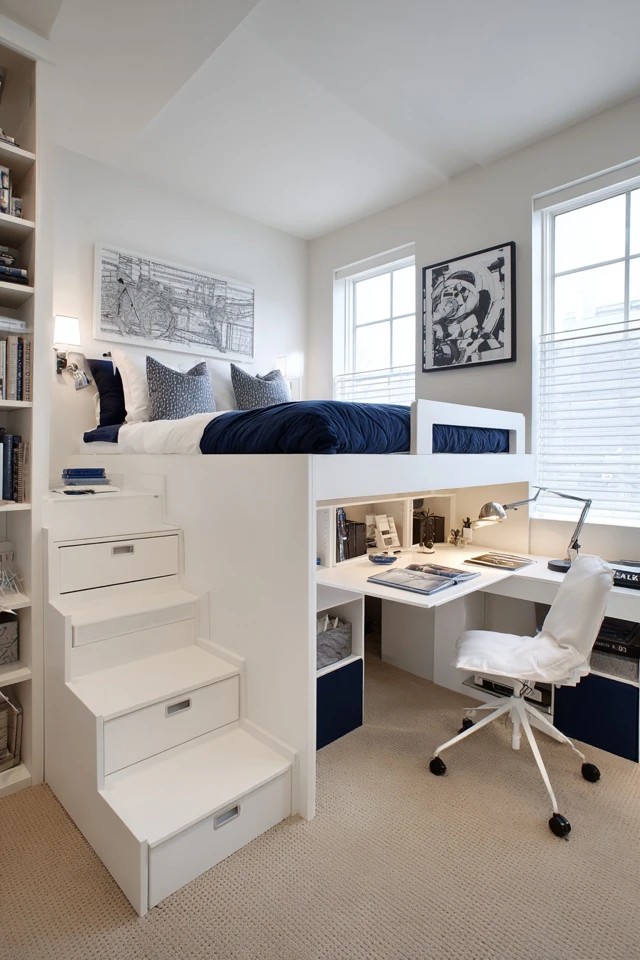 Elevated bed with desk and storage stairs below