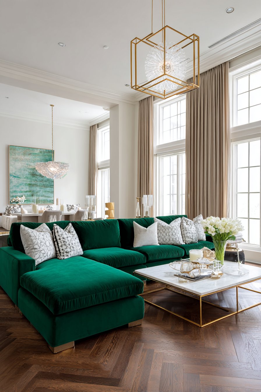 Emerald velvet sectional with brass and crystal accents