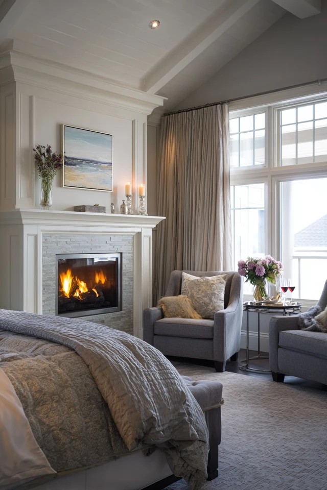 Gas fireplace with upholstered chairs and coffee table