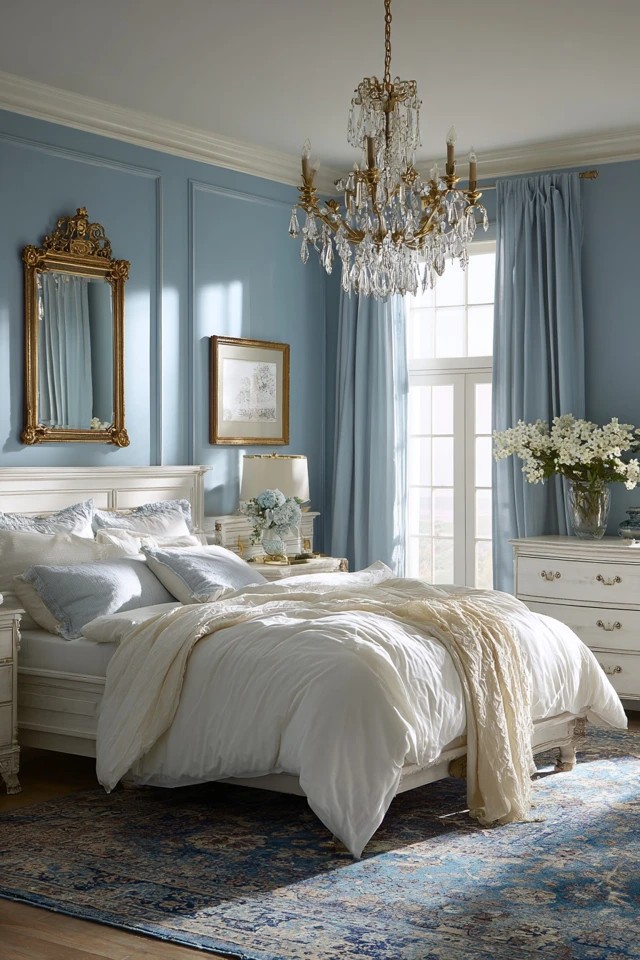 Soft greyish-blue walls with white furniture