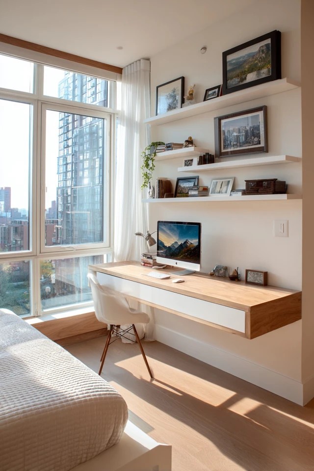 Wall-mounted desk with no visible supports