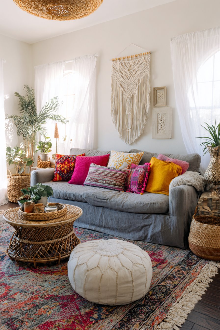 Grey linen sofa with colorful boho pillows