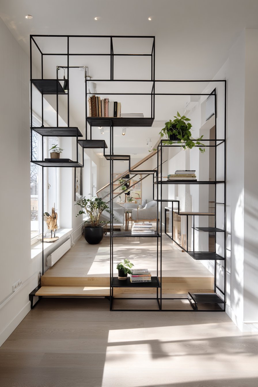Black metal angled ladder shelving in studio