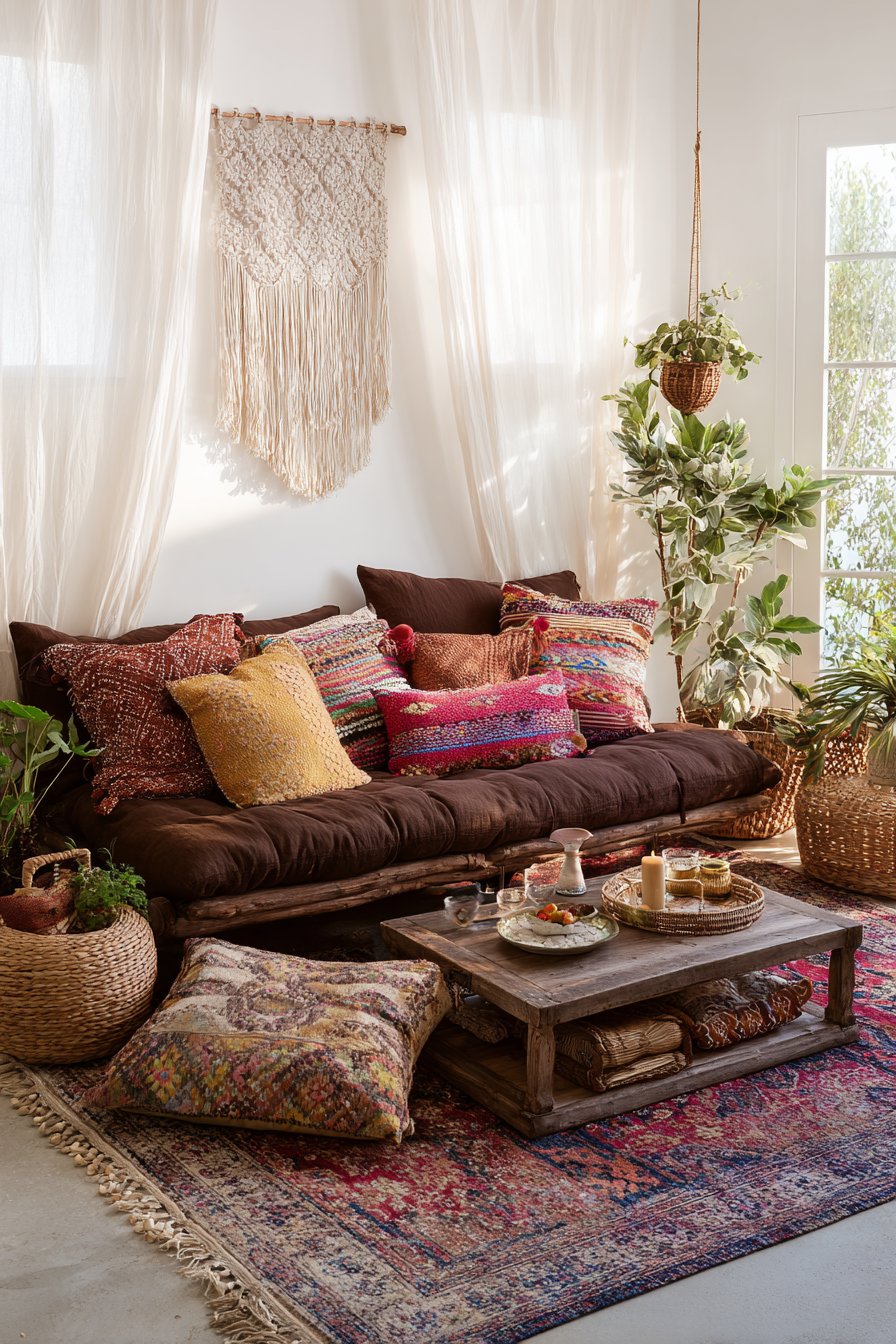 Low-profile brown linen sofa with colorful pillows