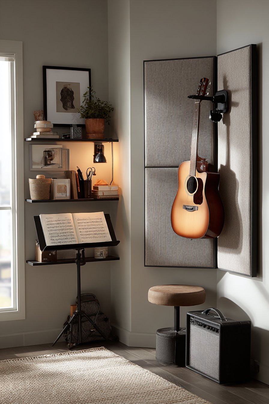 Guitar display corner with music stand