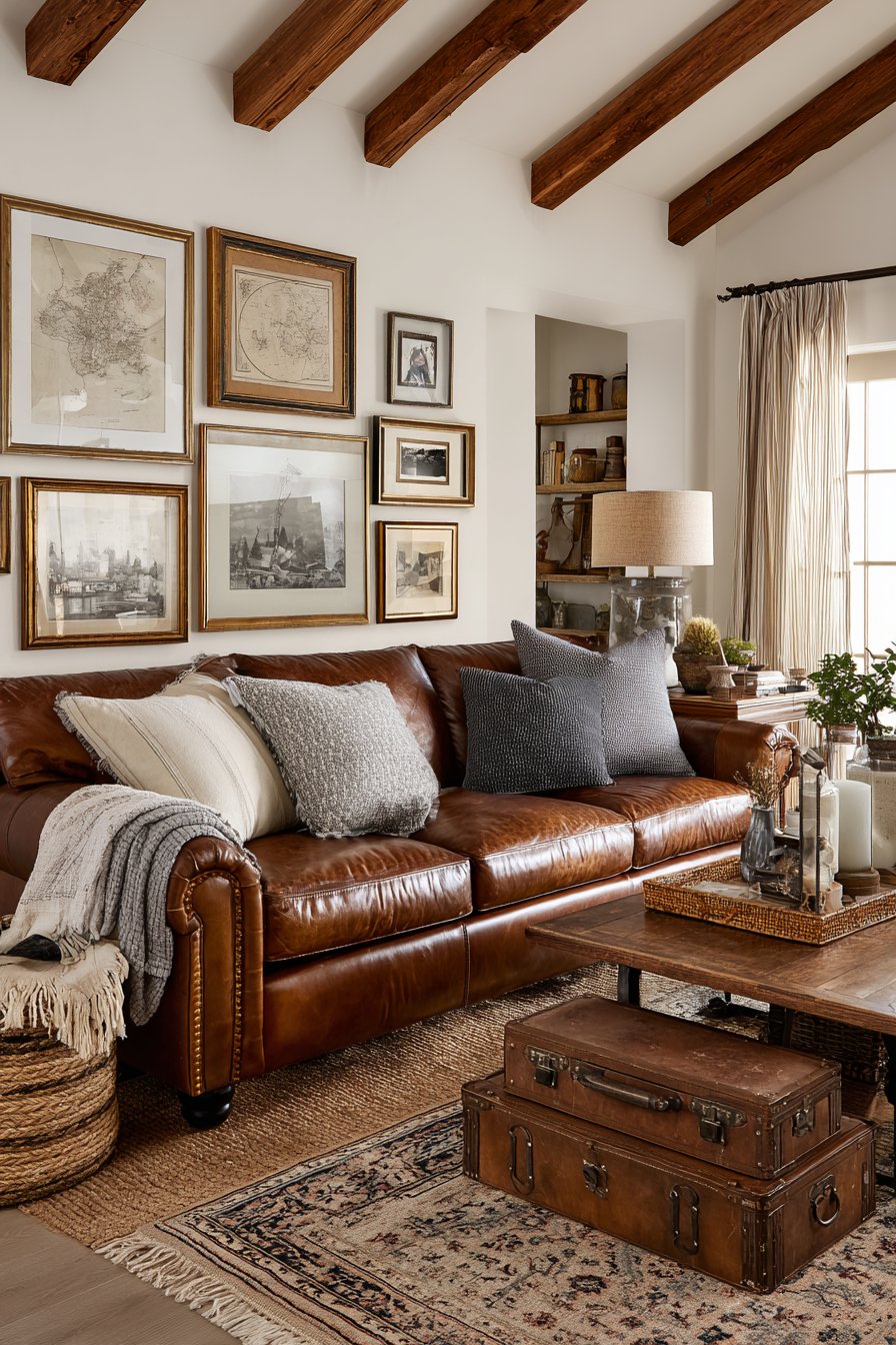 Vintage leather sofa with mix-match chairs and gallery wall