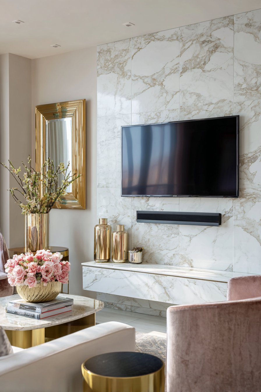 Large format Carrara marble tiles behind TV
