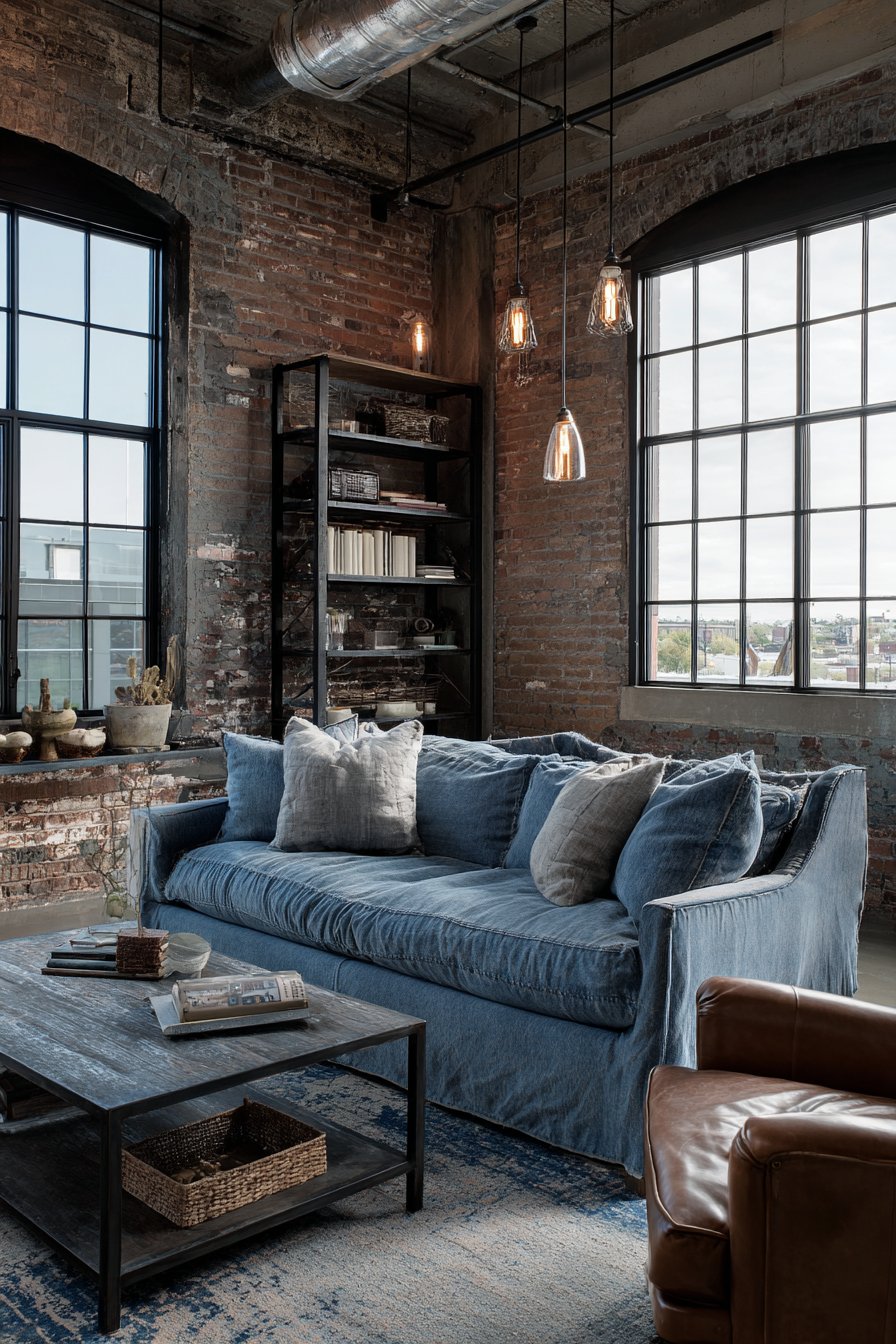 Faded denim blue sofa against exposed brick in industrial loft