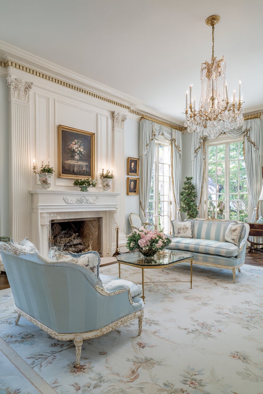 Pale blue silk settees beside columned fireplace