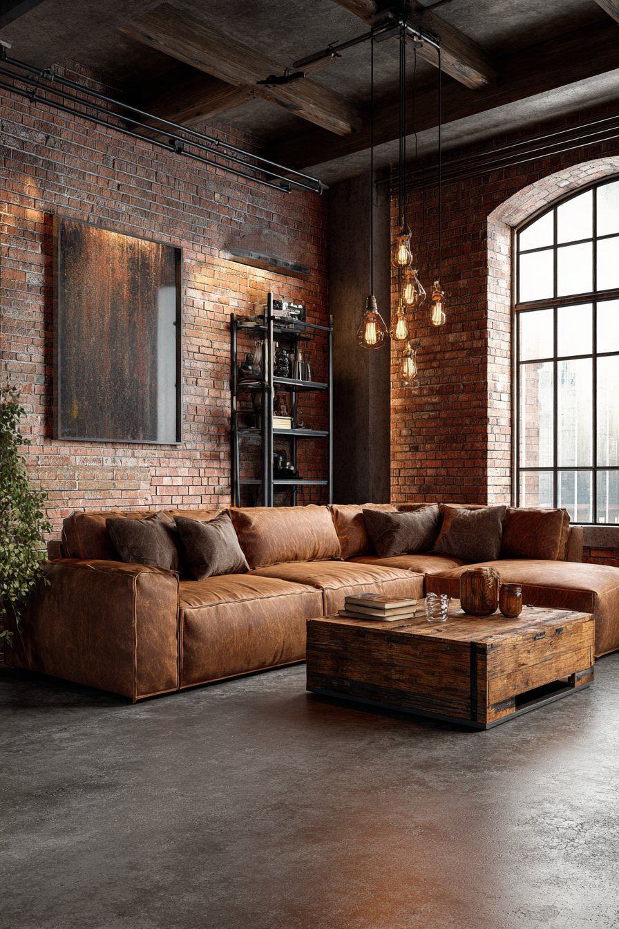 Exposed brown brick with leather and reclaimed wood