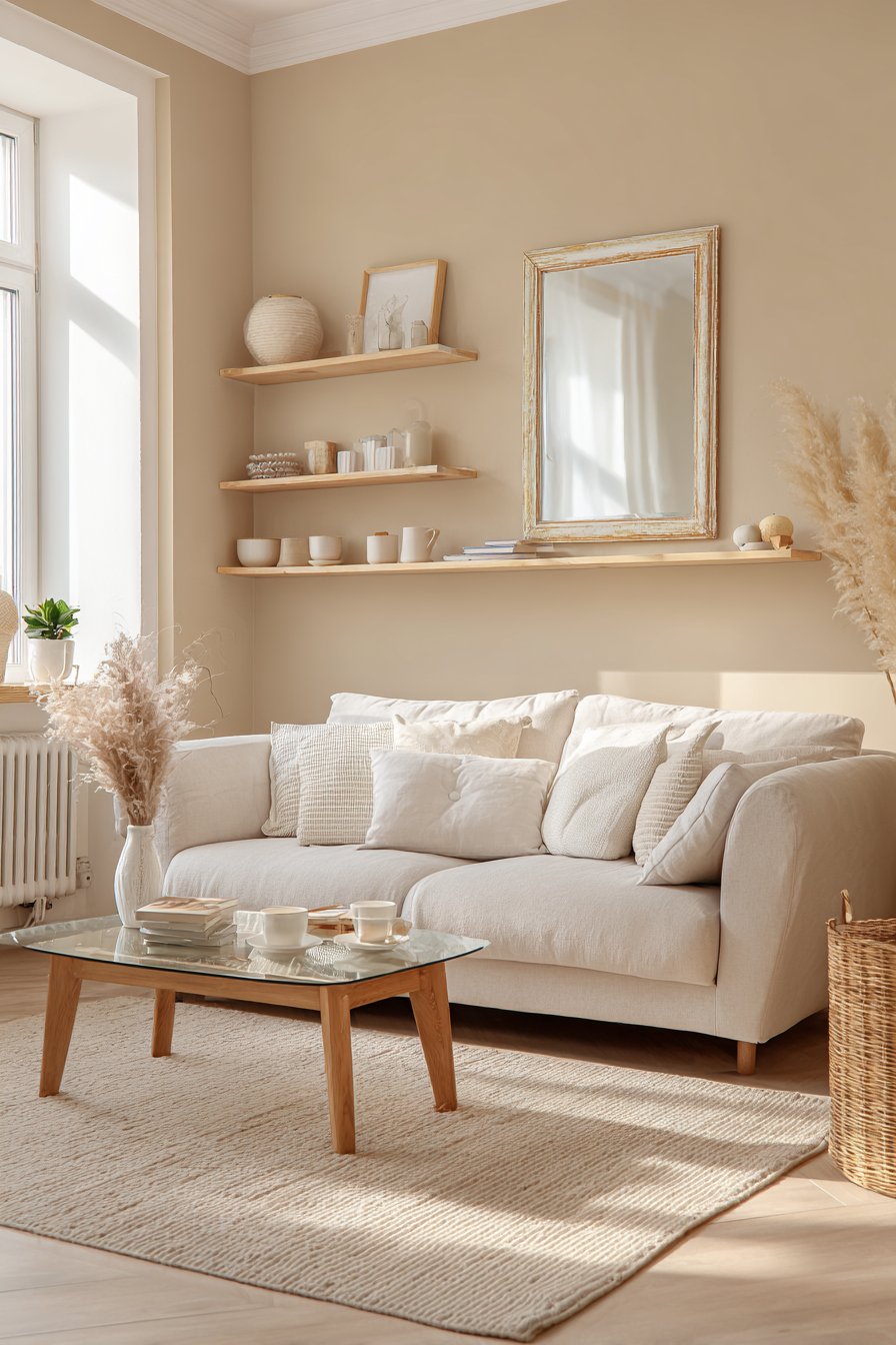 Light beige loveseat in compact space with mirror