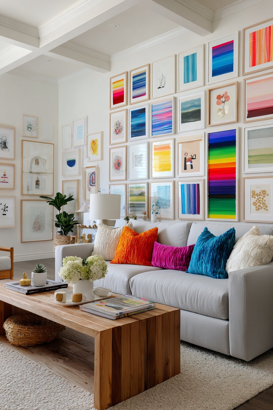 Rainbow spectrum artwork with neutral furniture