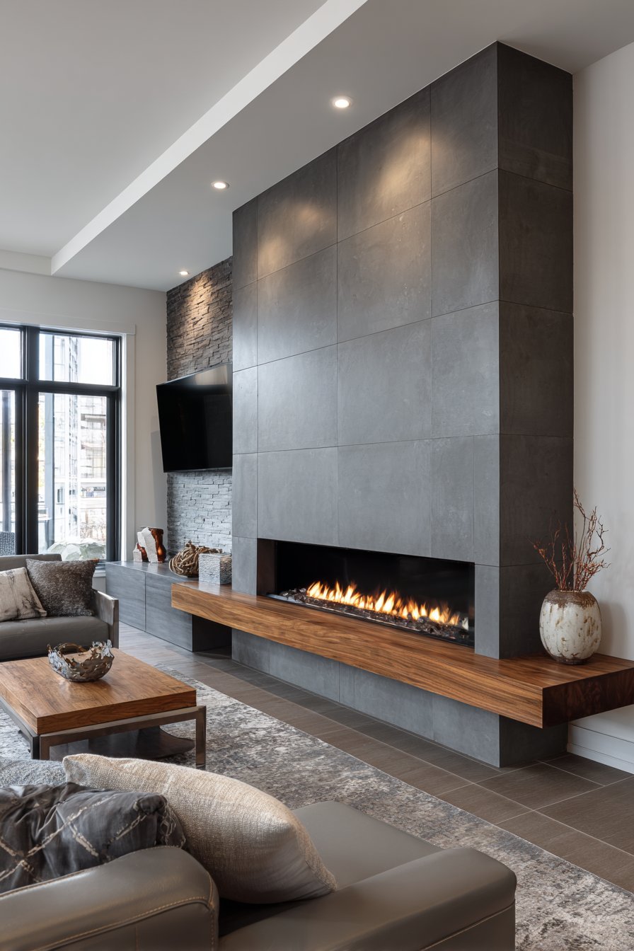 Floor-to-ceiling concrete-look porcelain tile fireplace