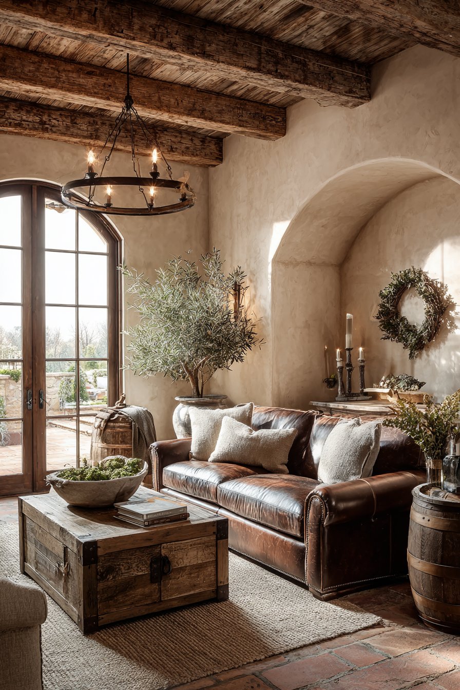 Wine barrel furniture with grapevine wreaths and stone wall