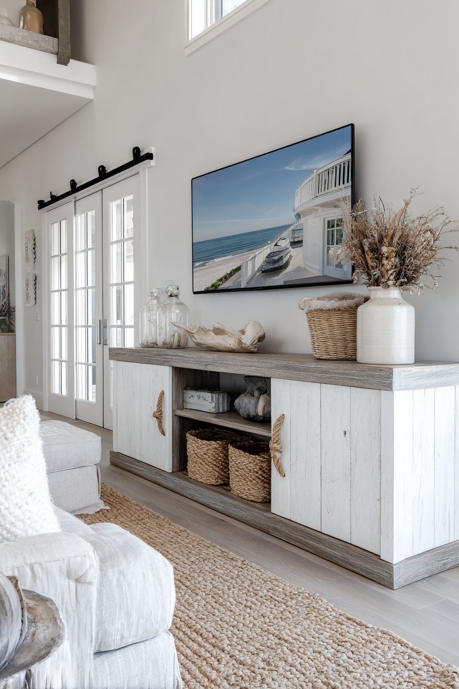 Grey wood base with white doors and rope handles