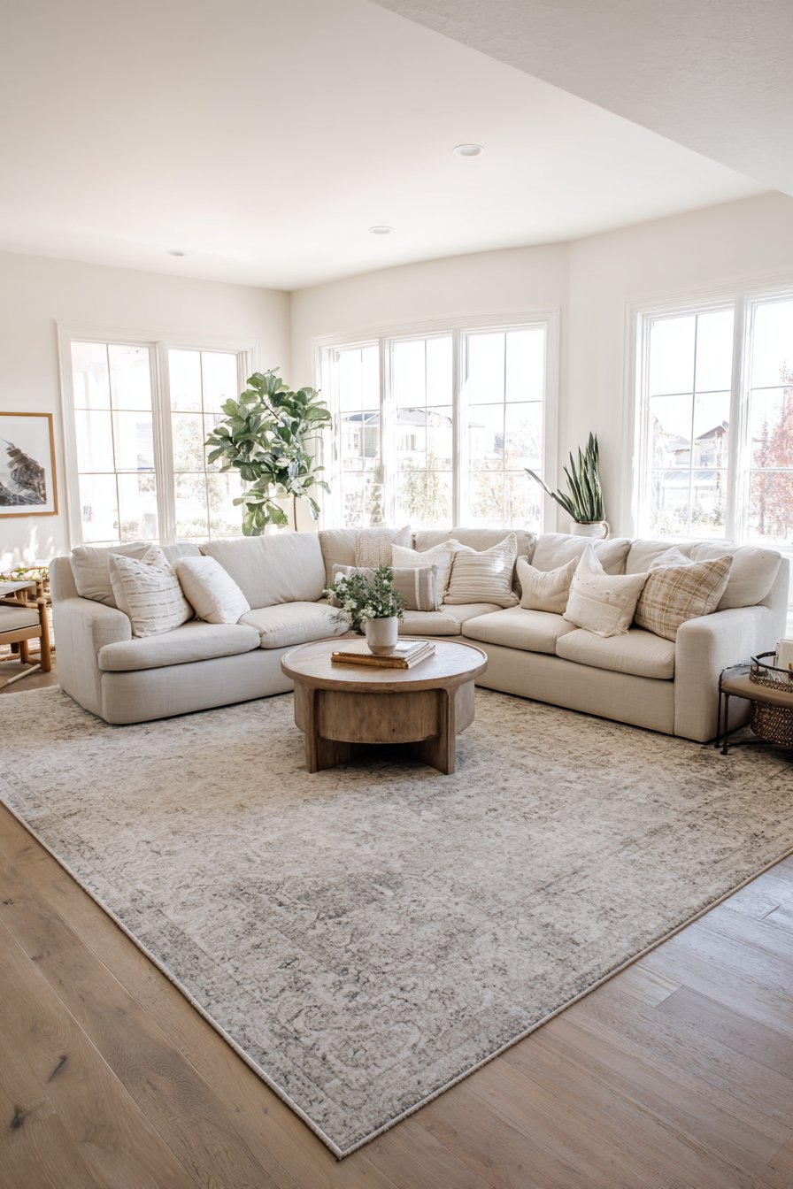 Generous beige wool rug covering most floor space