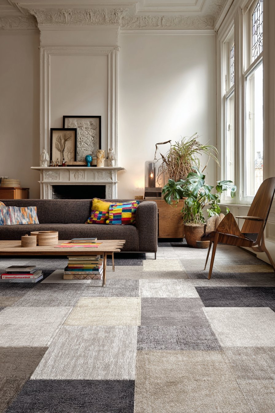 Checkerboard carpet tiles in beige, grey, and taupe