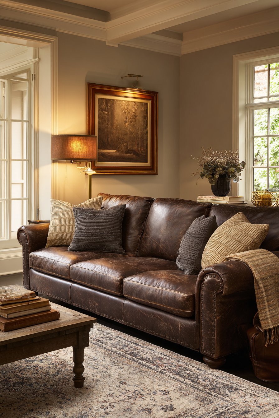 Rich camel-brown leather sofa in transitional setting
