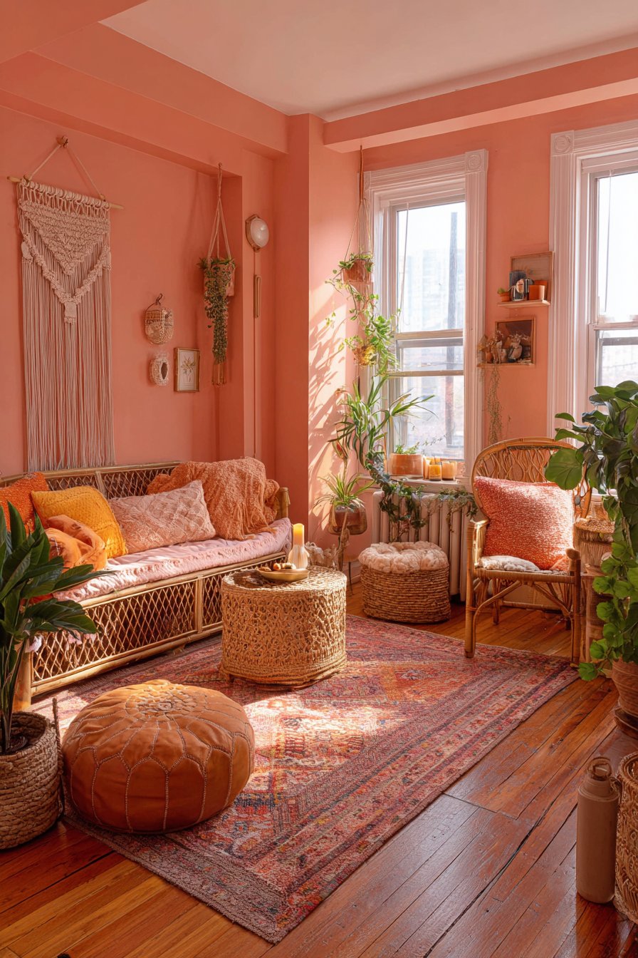 Warm terracotta pink walls with rattan and macramé