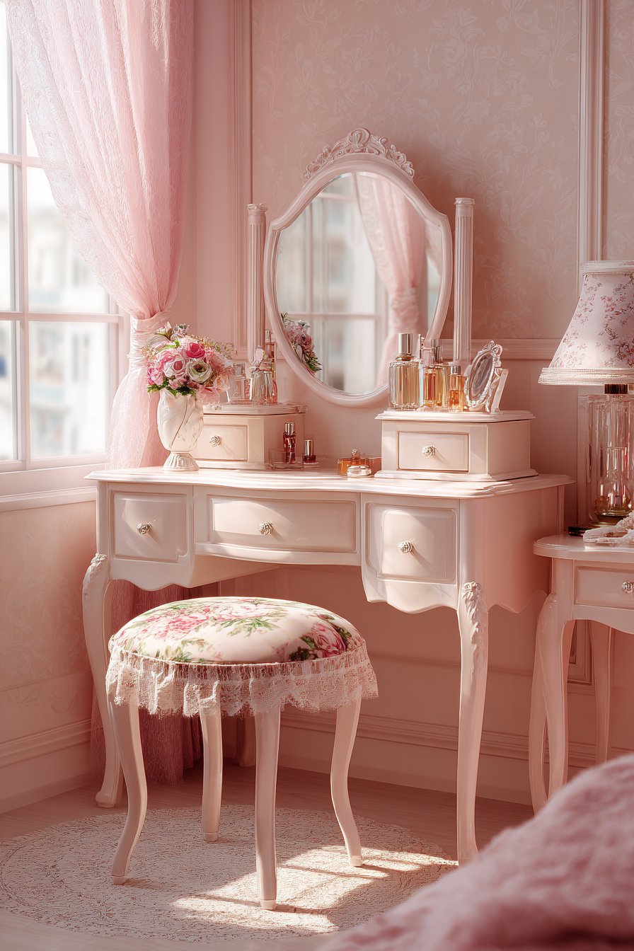 Curved pink vanity table with center mirror