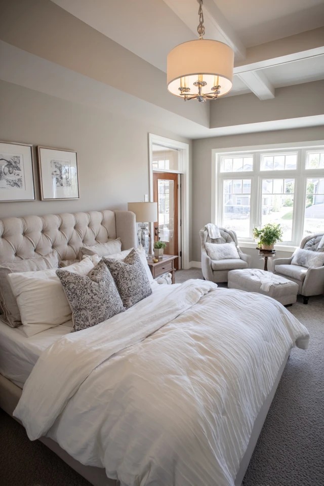 Queen bed with sitting area and private bathroom door