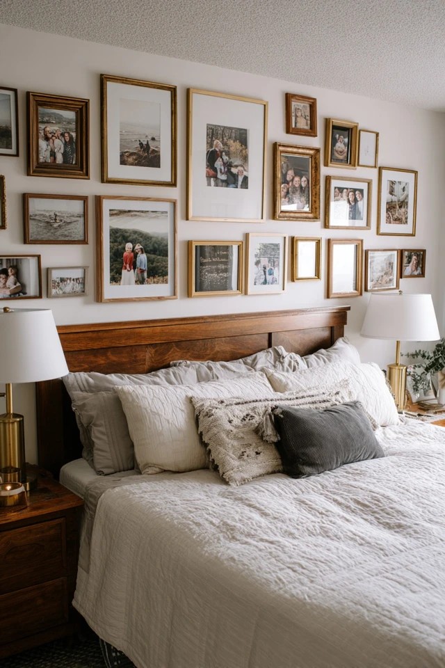 Mismatched frames with family photos above bed