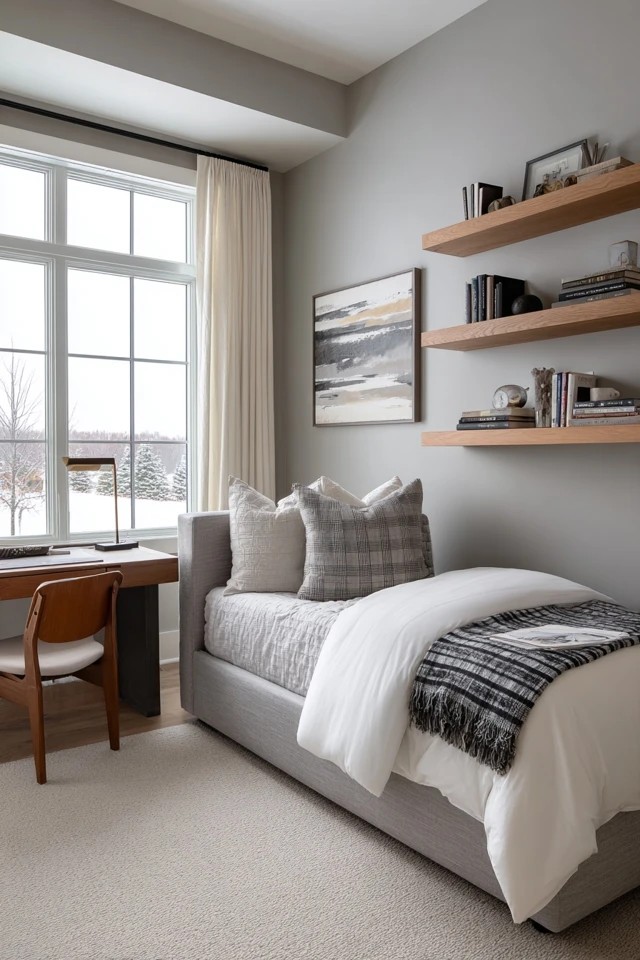 Grey walls with natural wood and white bedding
