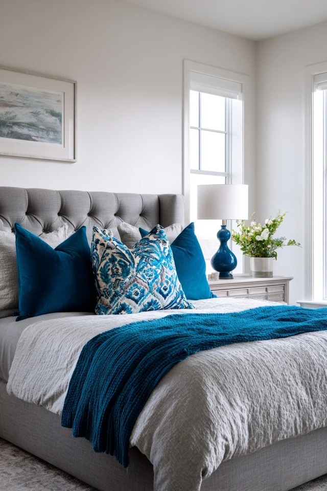 Bright blue pillows and throw on grey bed