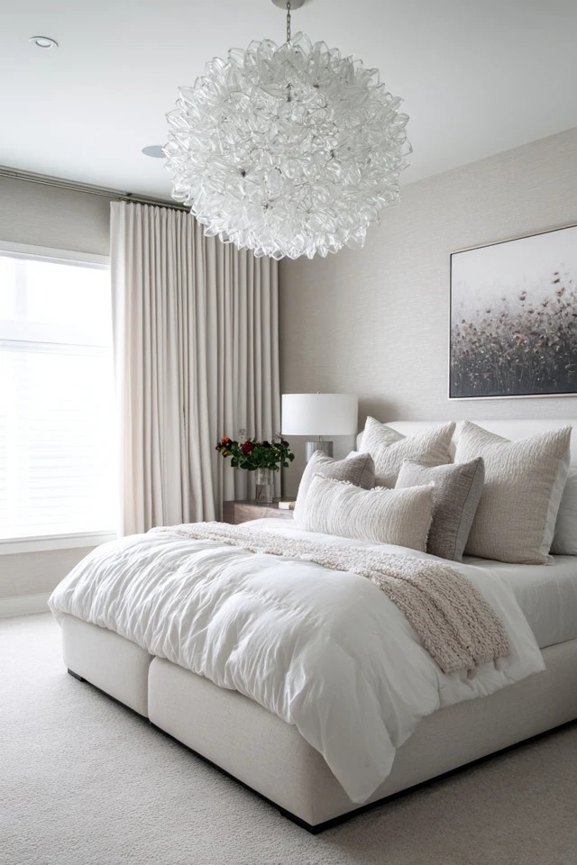 Dramatic geometric fixture above bed