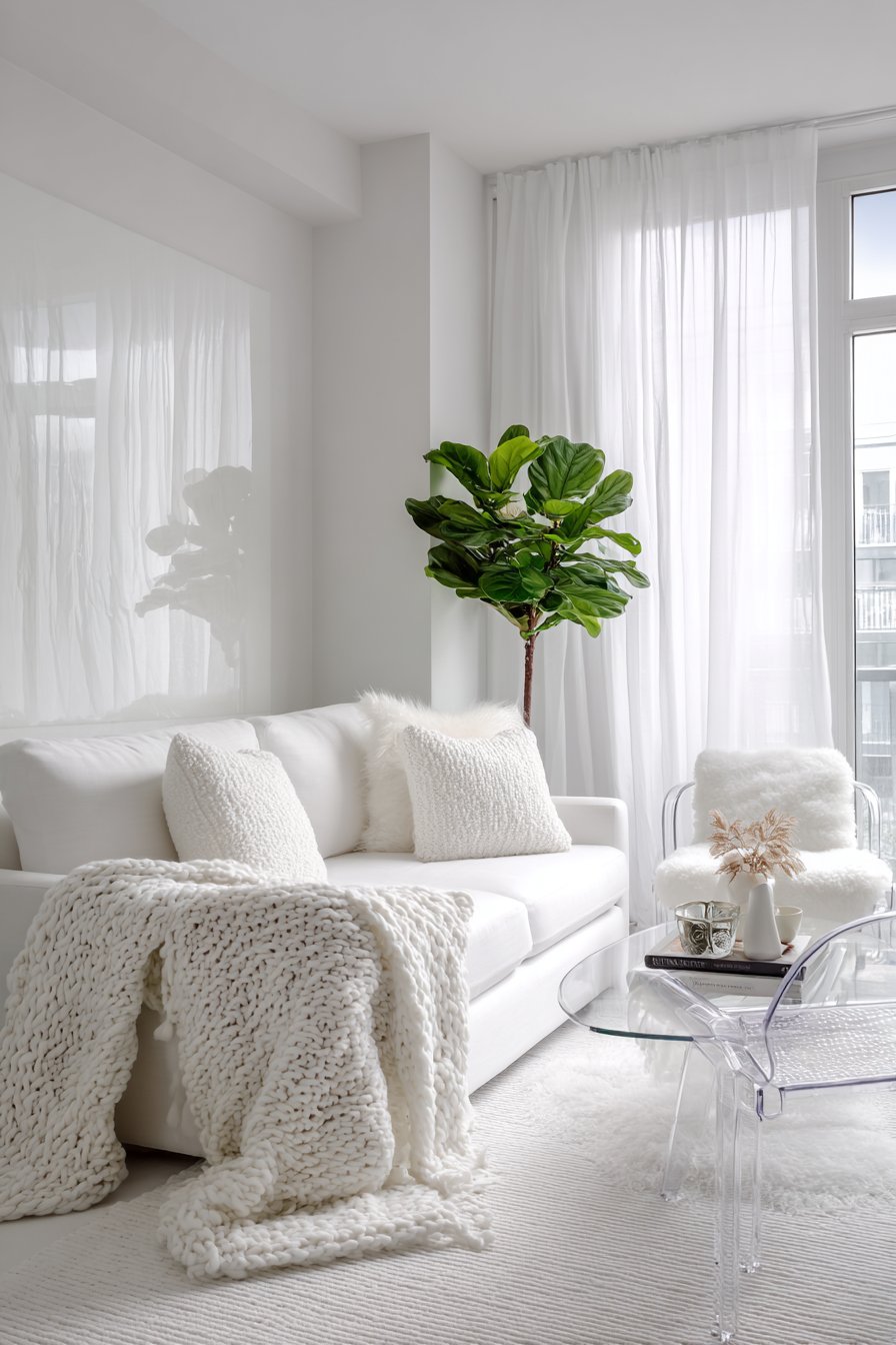 All-white living room with textured white elements