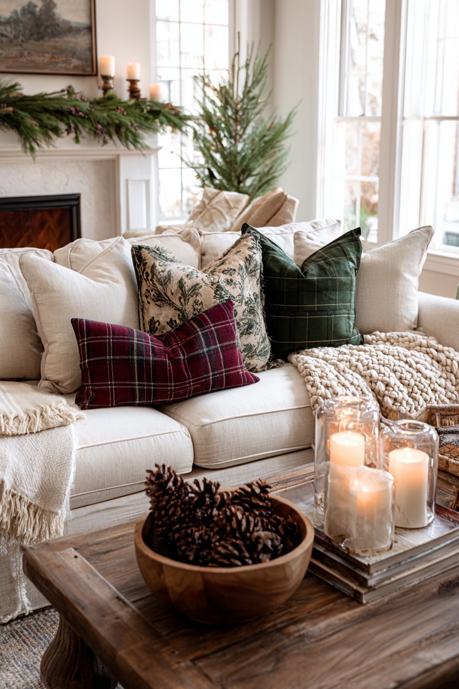 Cream sofa with plaid throw and holiday mantel decor