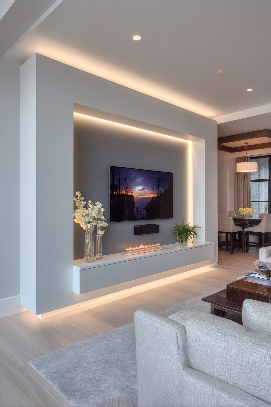 TV in recessed wall niche with LED backlighting