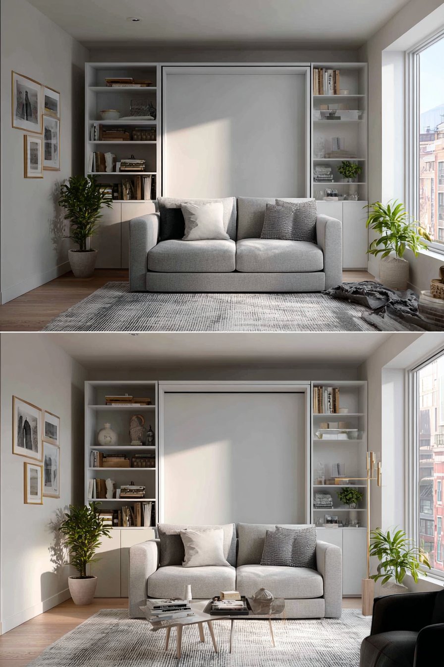 Wall bed folding up revealing sofa in studio