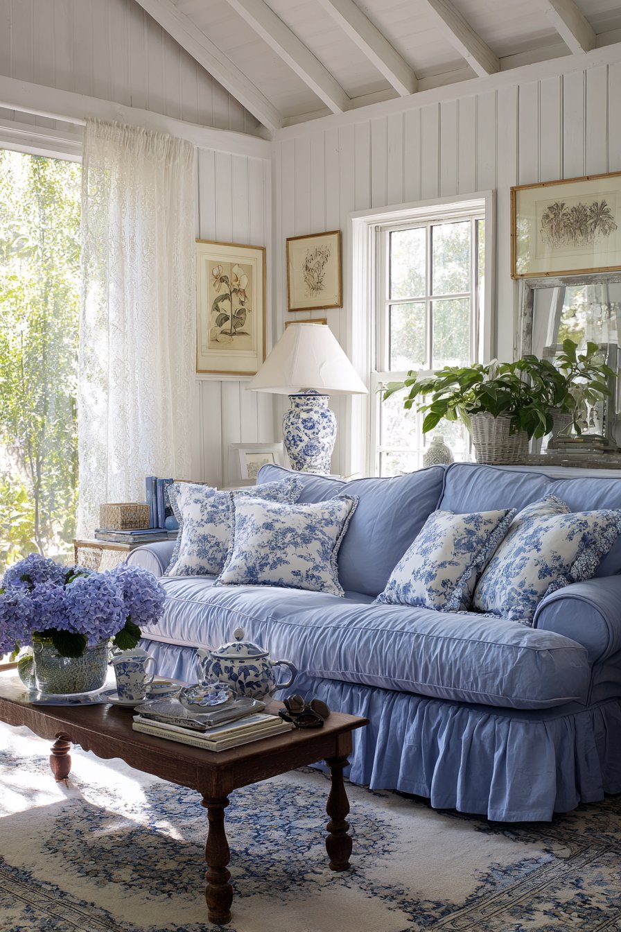 Cornflower blue cotton sofa with skirt in cottage living room