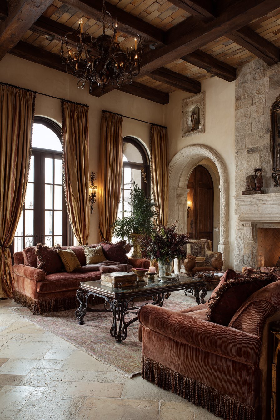 Terracotta velvet sofas with wrought iron chandelier