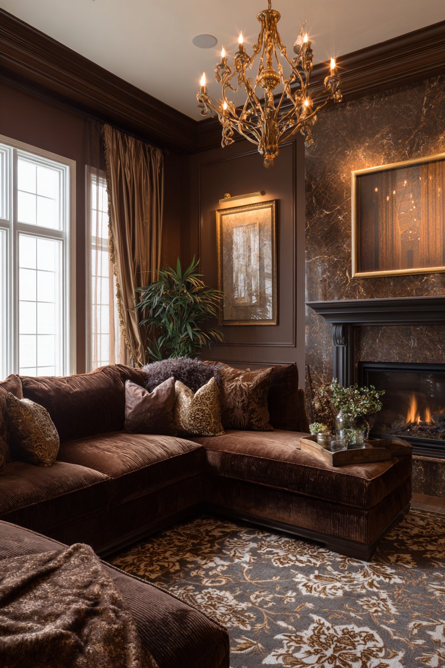 Rich tobacco velvet with brown marble and walnut