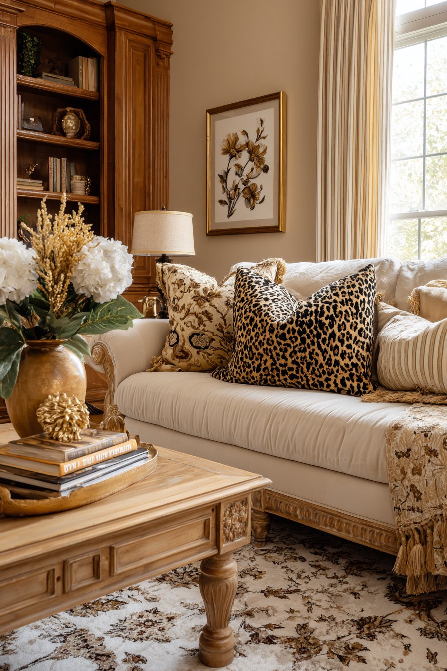 Multiple beige patterns with leopard, stripes, and florals