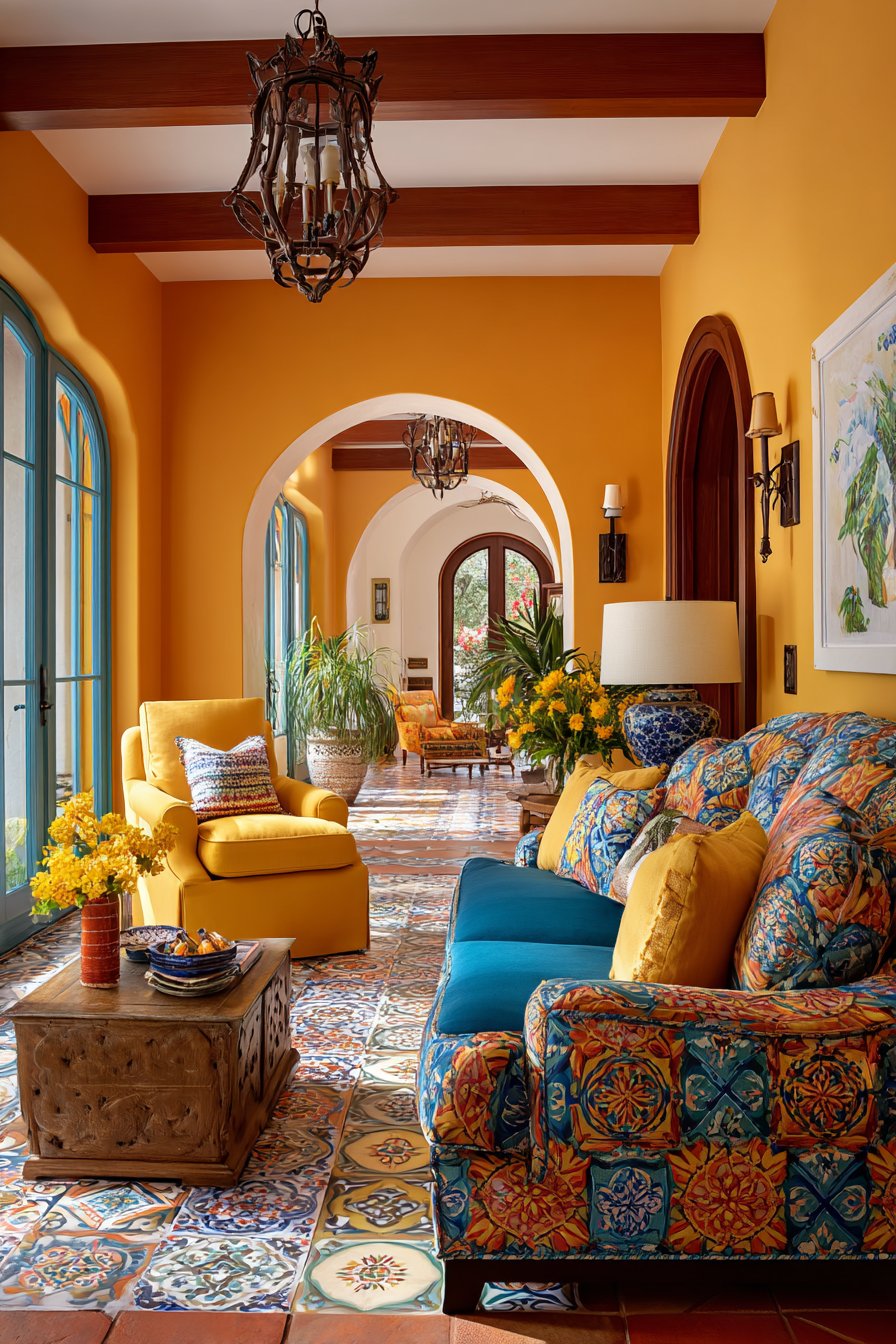 Terracotta walls with azure sofa and yellow chairs