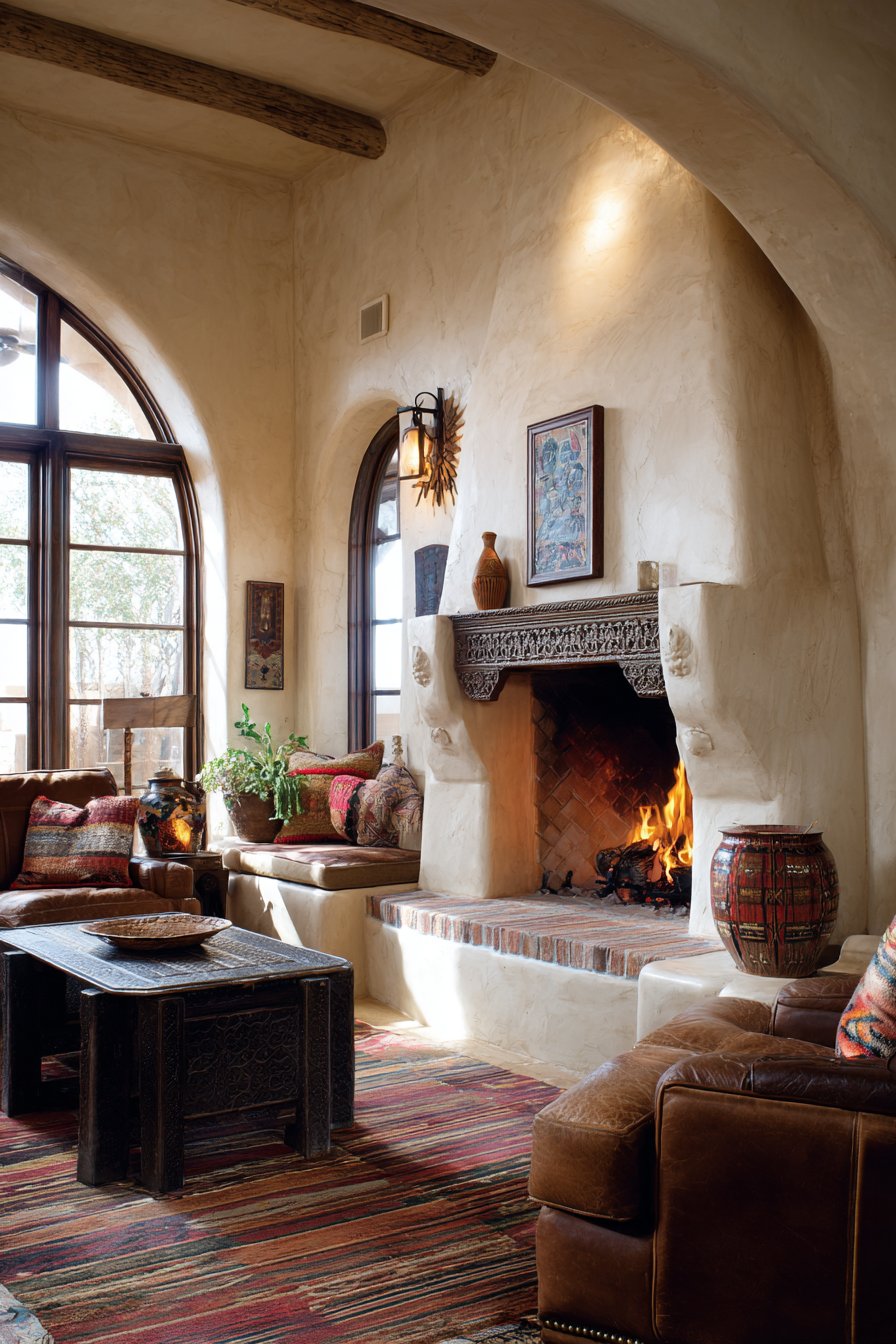 Stucco fireplace with arched opening and terra cotta tile