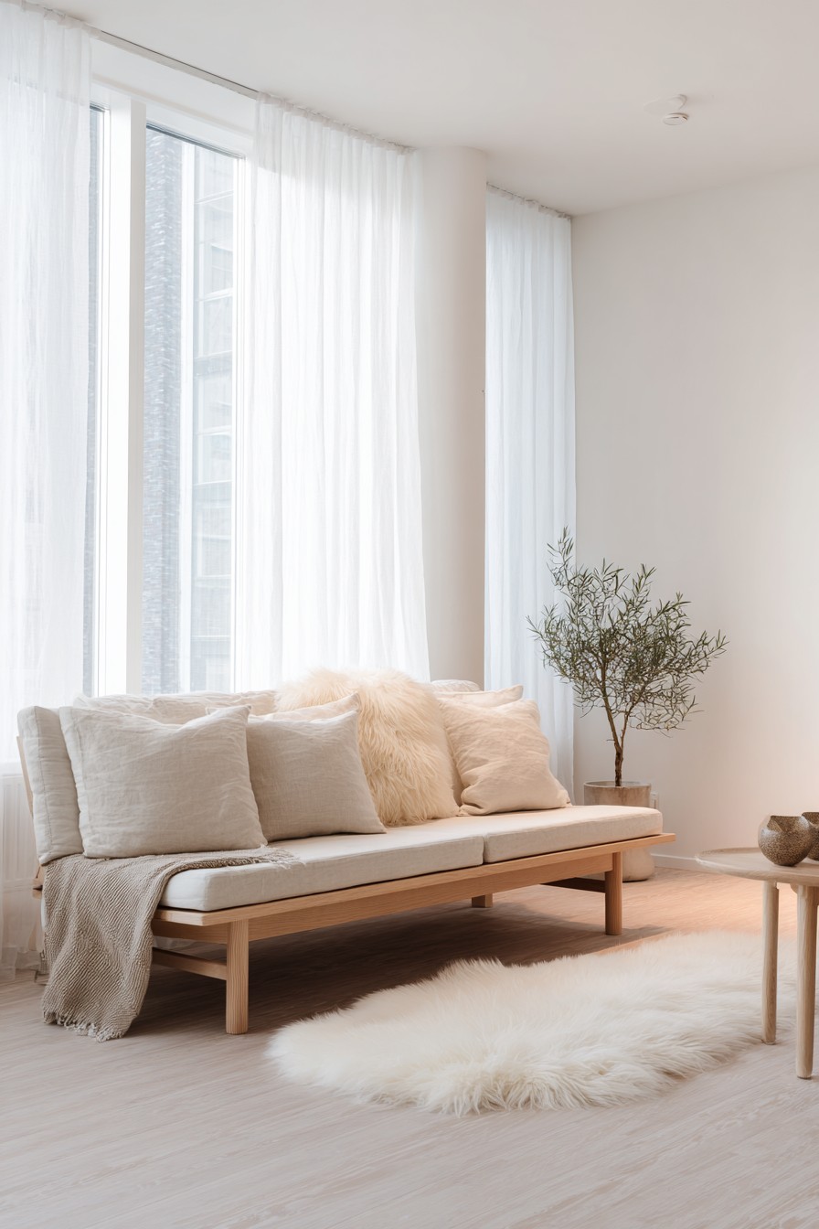 Light oak furniture with white walls and single plant