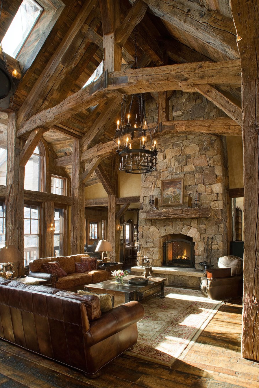 Massive hand-hewn posts and beams with soaring ceiling