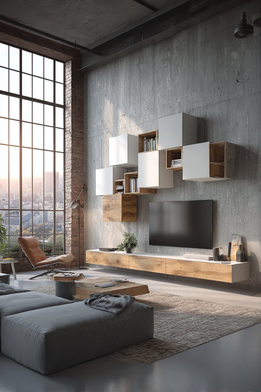 Wall-mounted and floor cubes in walnut and white
