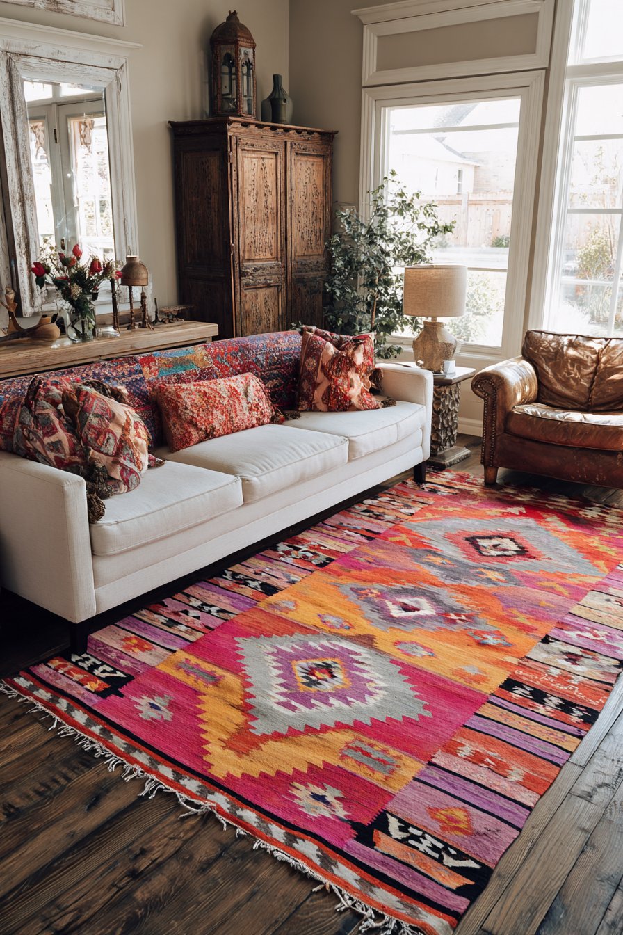 Handwoven flat-weave with reds, oranges, and pinks