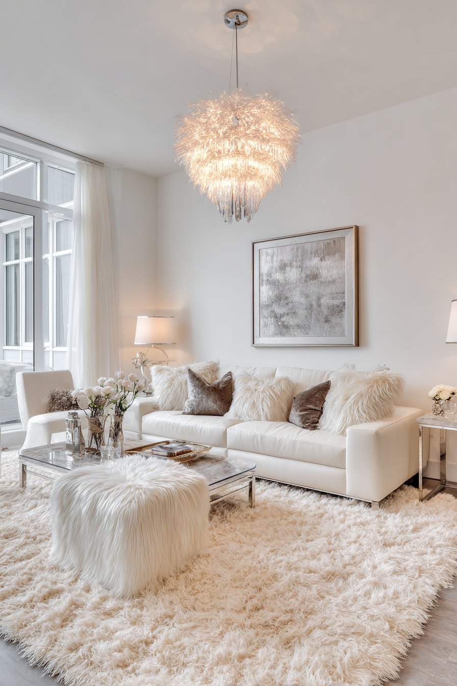 2-inch pile ivory shag carpet with velvet furniture