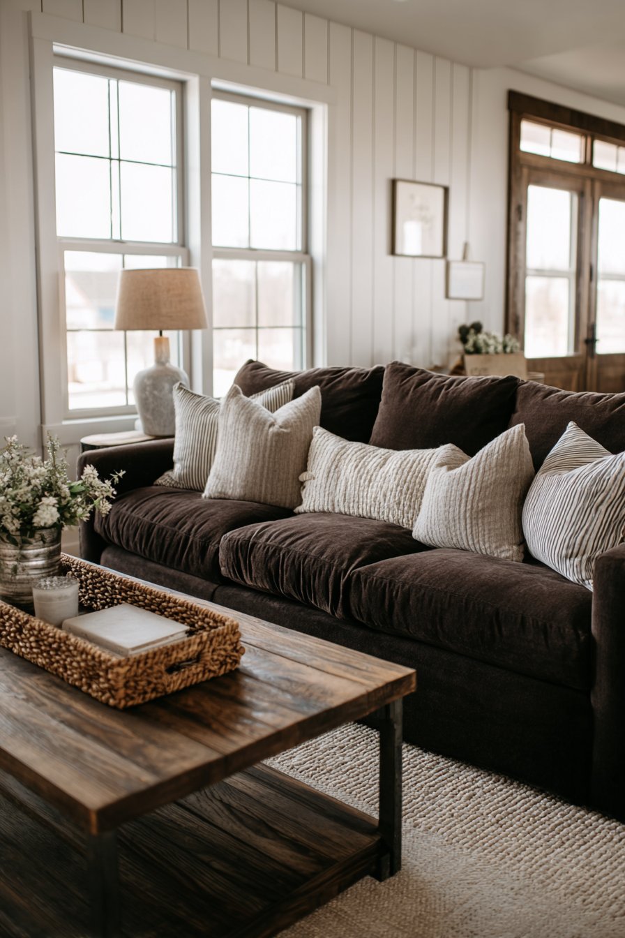 Dark brown linen sofa with white shiplap wall