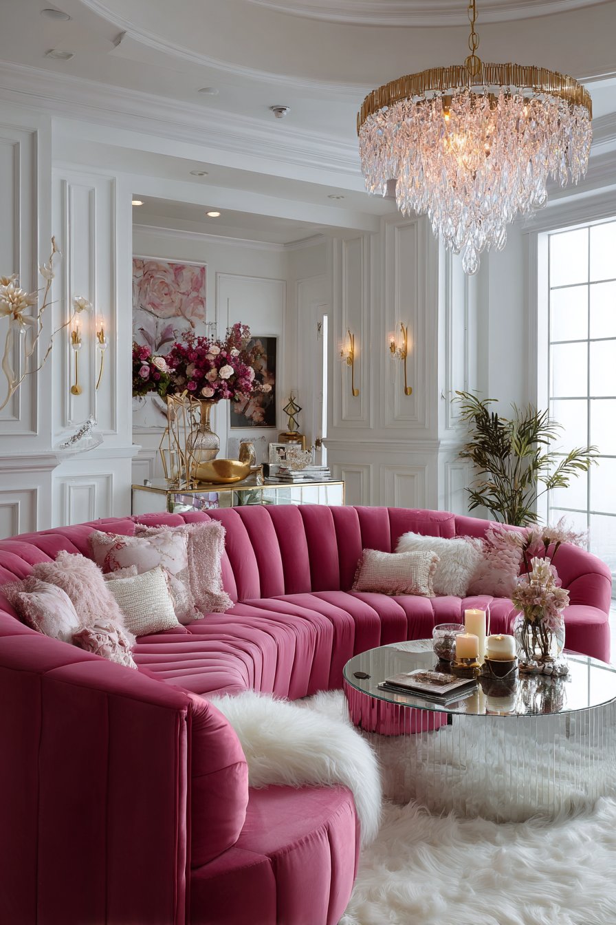 Bold pink curved velvet sofa with mirrored table