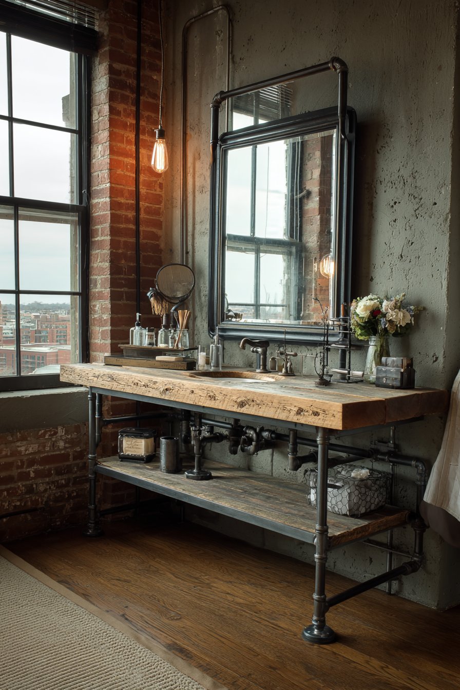 Plumbing pipe frame vanity with reclaimed wood top