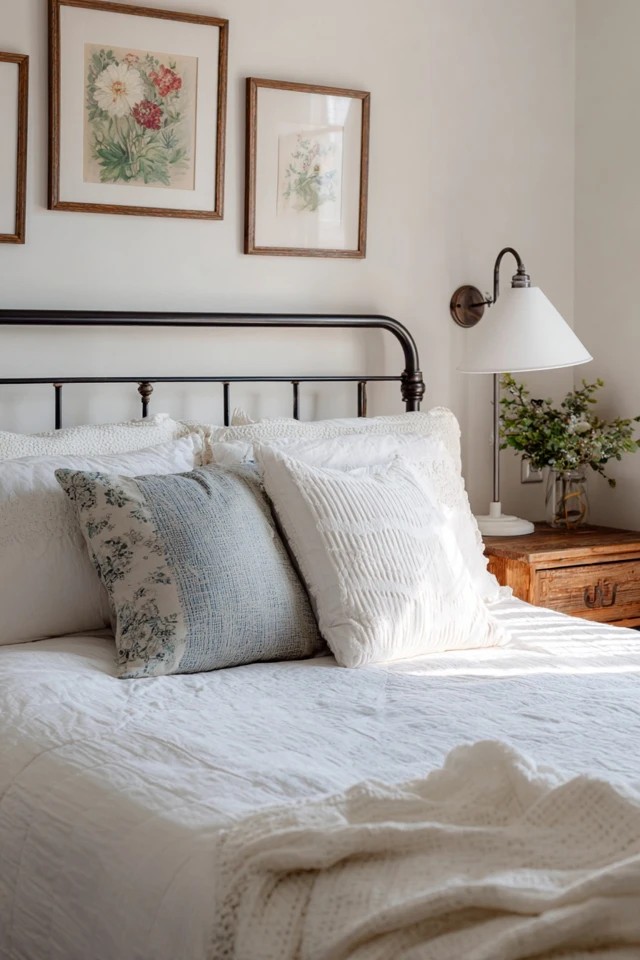 Repainted vintage dresser with DIY artwork and affordable bedding