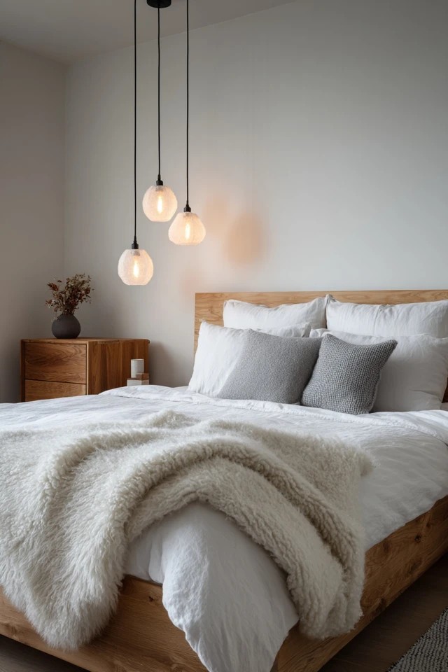 Deep cream carpet with grey upholstered bed