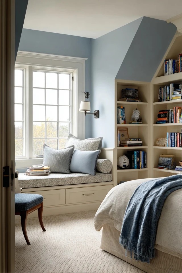 Built-in window seat with floor-to-ceiling bookshelves